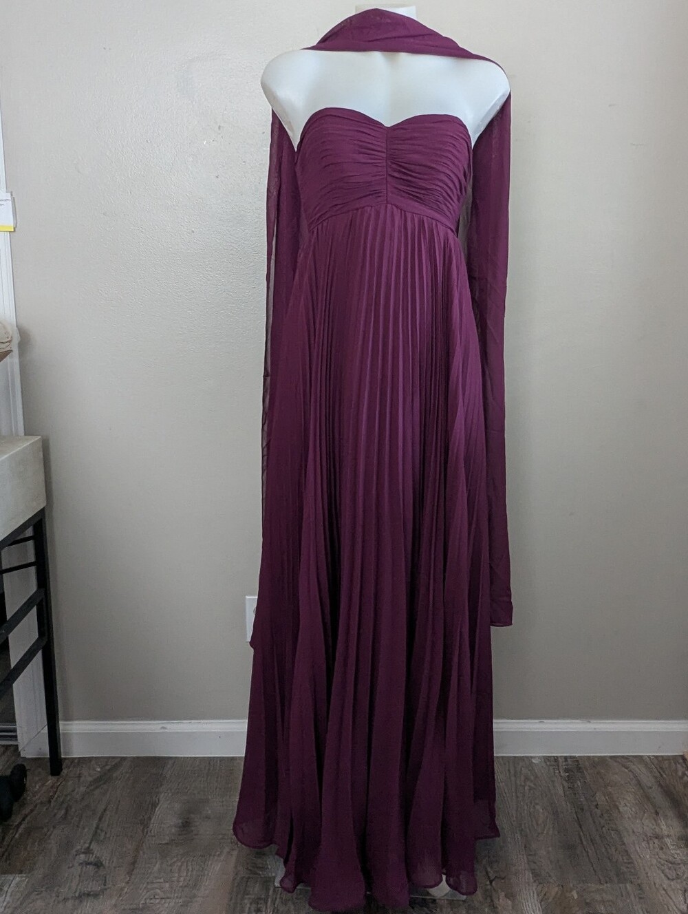 Plum Strapless Pleated Maxi Dress Bridesmaid w Shawl Ruched Size 2 Formal Guest